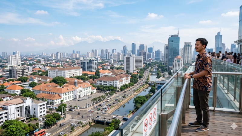 Pejalan kaki menyusuri kawasan bangunan peninggalan masa lalu yang membentuk fondasi identitas wilayah.