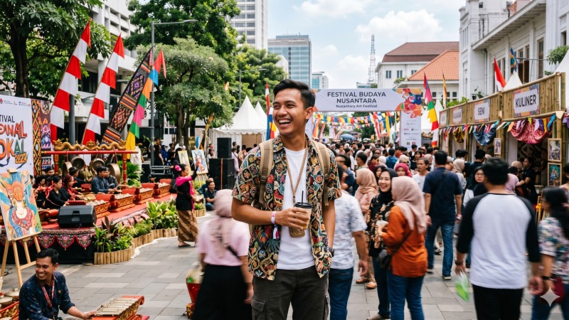 Pria muda menikmati suasana meriah pada acara festival seni dan kebudayaan daerah.