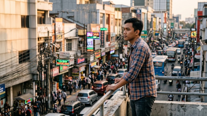 Pria muda mengamati kepadatan aktivitas kawasan urban yang memicu perubahan gaya hidup.
